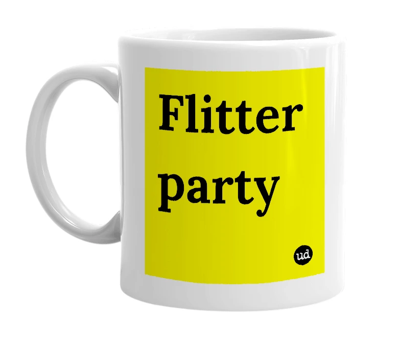 White mug with 'Flitter party' in bold black letters