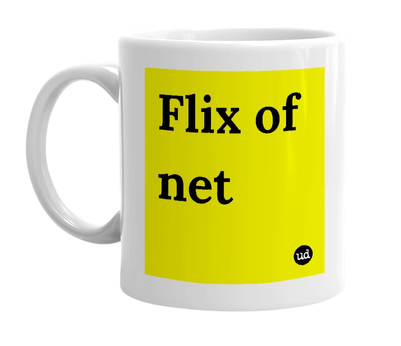 White mug with 'Flix of net' in bold black letters