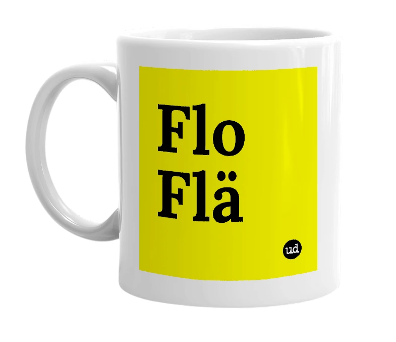 White mug with 'Flo Flä' in bold black letters