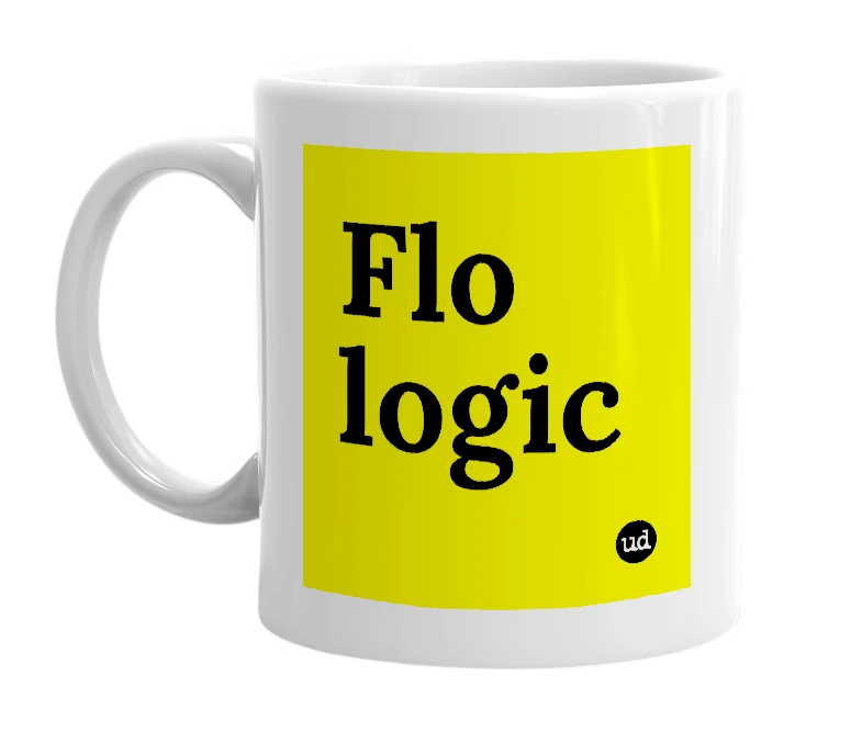 White mug with 'Flo logic' in bold black letters