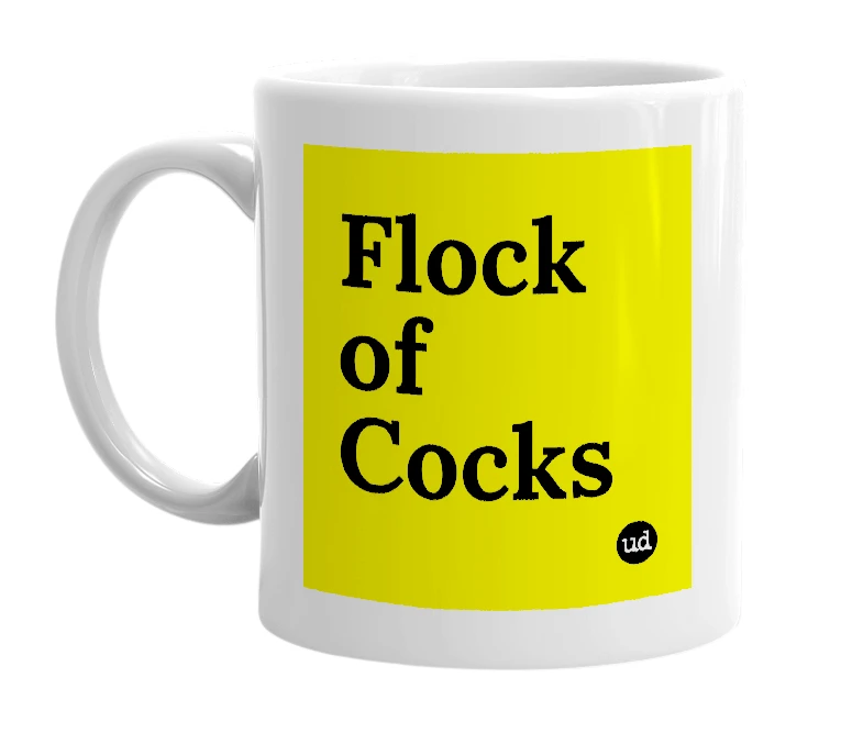 White mug with 'Flock of Cocks' in bold black letters