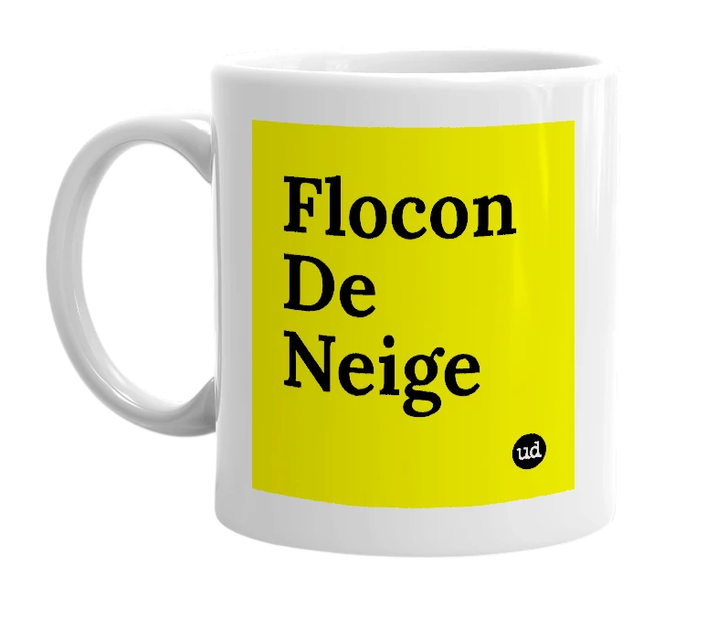 White mug with 'Flocon De Neige' in bold black letters