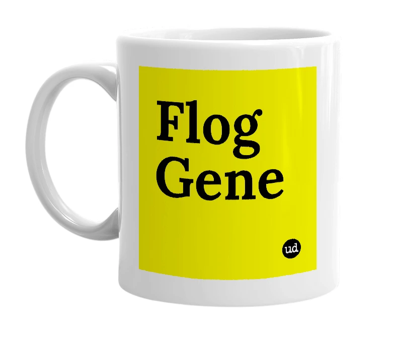 White mug with 'Flog Gene' in bold black letters