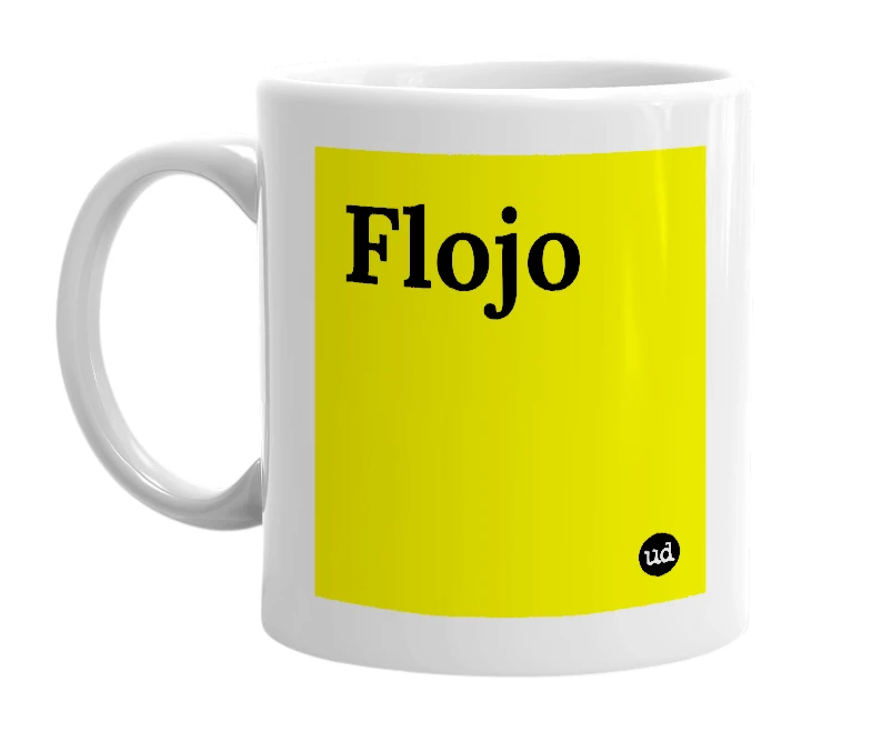 White mug with 'Flojo' in bold black letters
