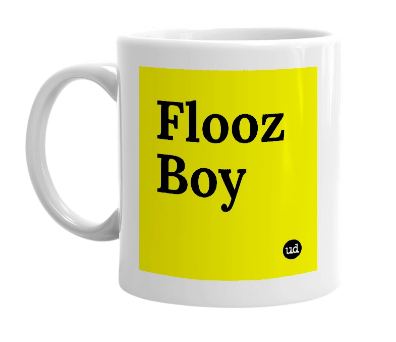 White mug with 'Flooz Boy' in bold black letters