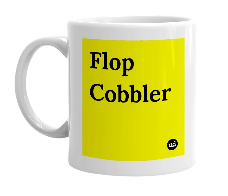 White mug with 'Flop Cobbler' in bold black letters