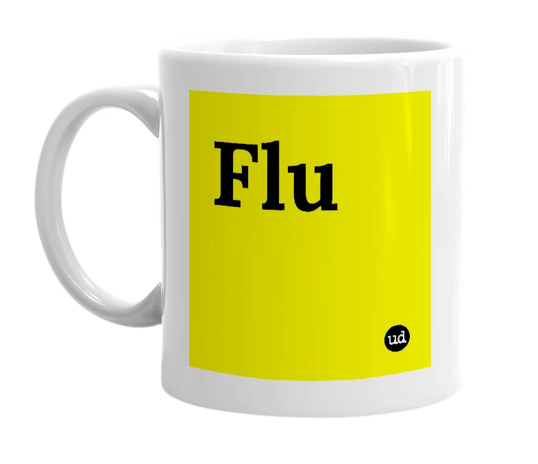 White mug with 'Flu' in bold black letters