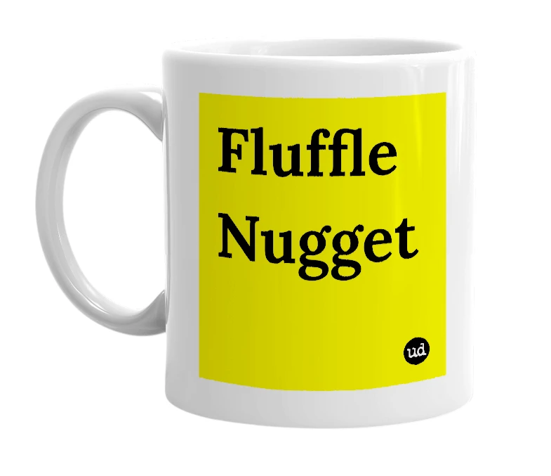White mug with 'Fluffle Nugget' in bold black letters