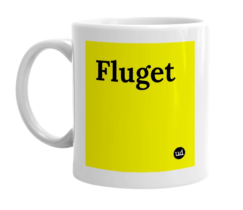 White mug with 'Fluget' in bold black letters