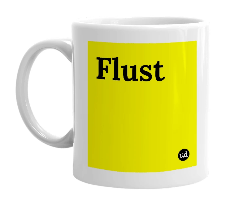 White mug with 'Flust' in bold black letters