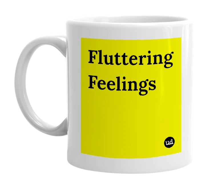 White mug with 'Fluttering Feelings' in bold black letters