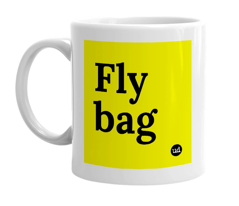 White mug with 'Fly bag' in bold black letters