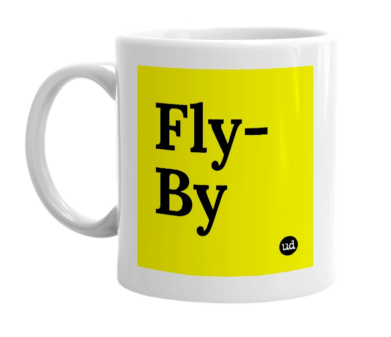 White mug with 'Fly-By' in bold black letters