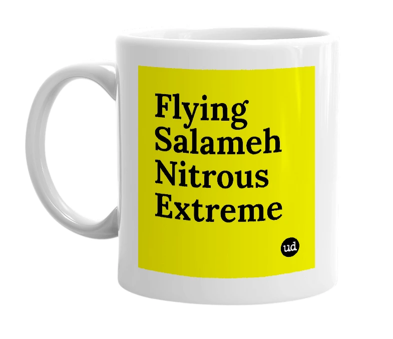 White mug with 'Flying Salameh Nitrous Extreme' in bold black letters