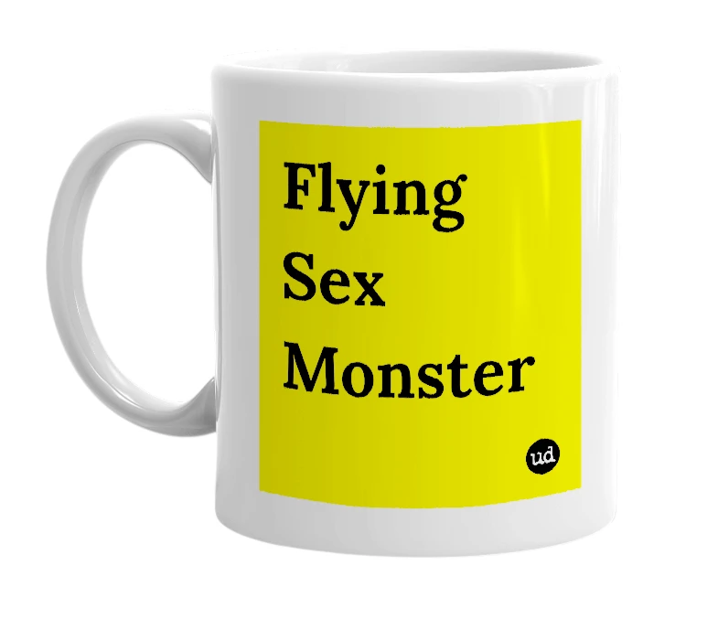 White mug with 'Flying Sex Monster' in bold black letters