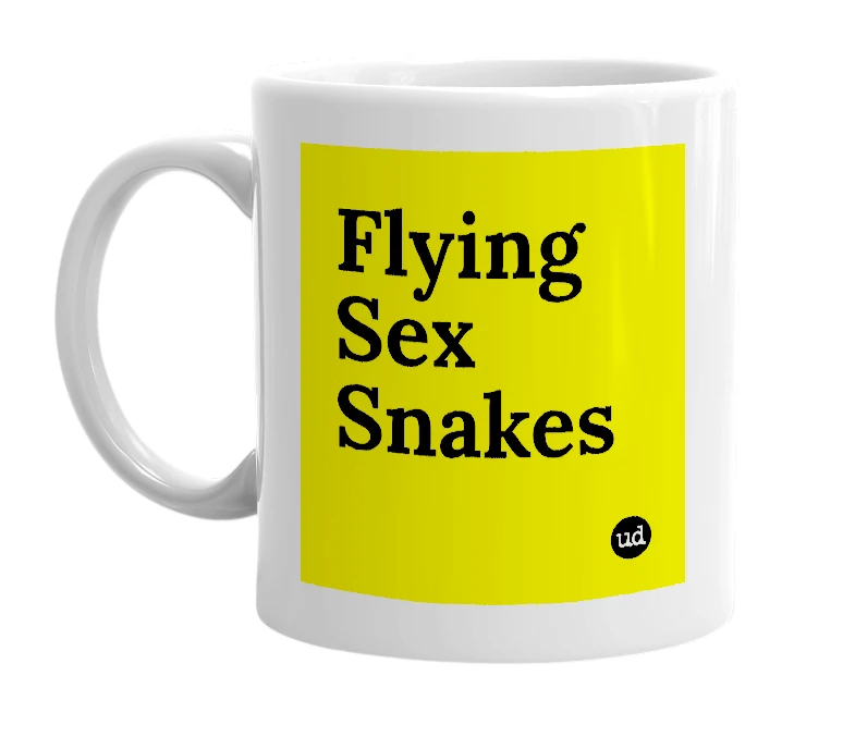 White mug with 'Flying Sex Snakes' in bold black letters