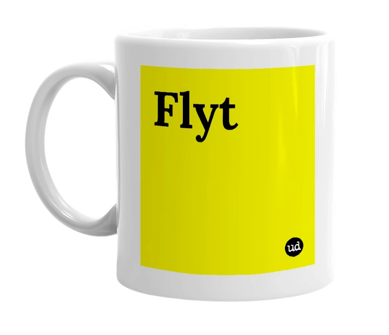 White mug with 'Flyt' in bold black letters