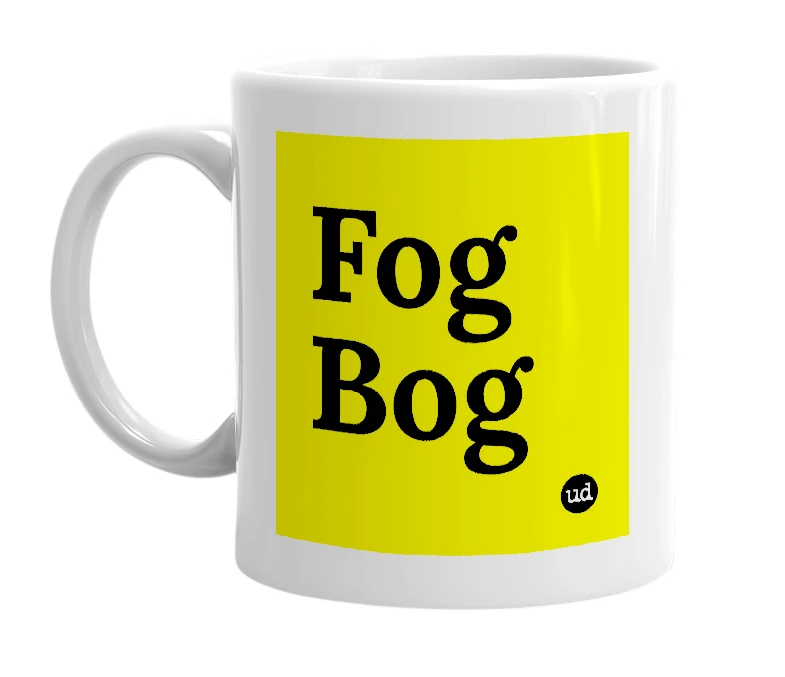 White mug with 'Fog Bog' in bold black letters