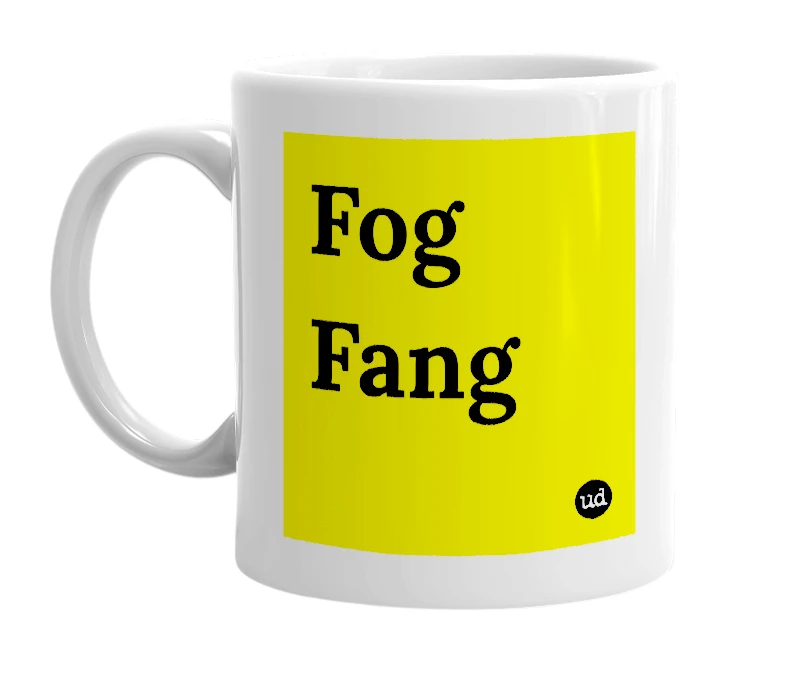 White mug with 'Fog Fang' in bold black letters