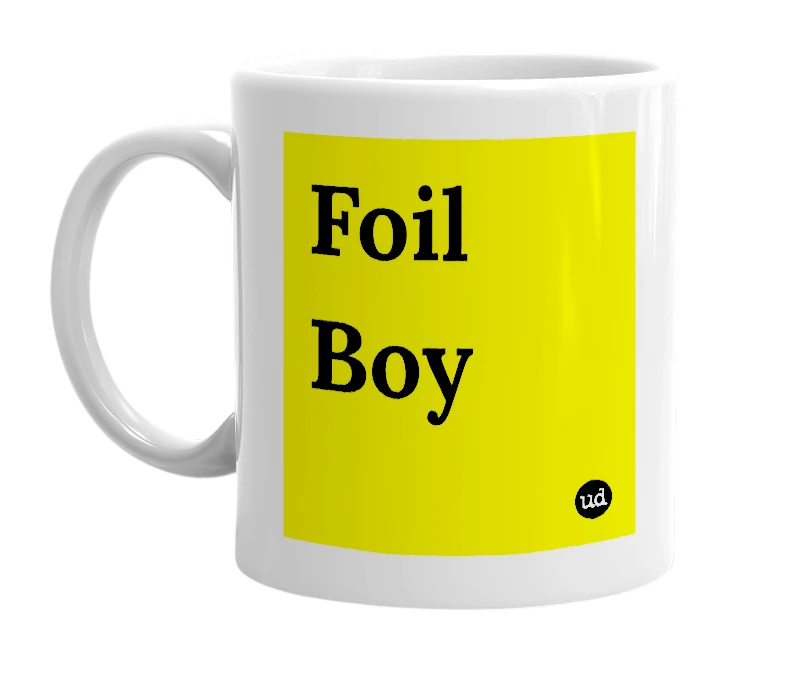White mug with 'Foil Boy' in bold black letters