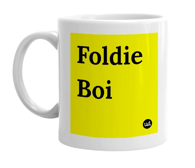 White mug with 'Foldie Boi' in bold black letters