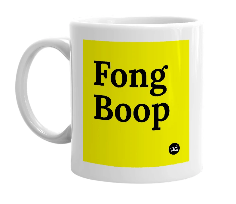 White mug with 'Fong Boop' in bold black letters