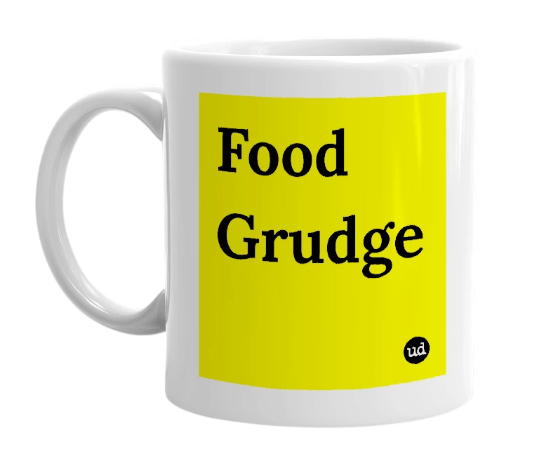 White mug with 'Food Grudge' in bold black letters
