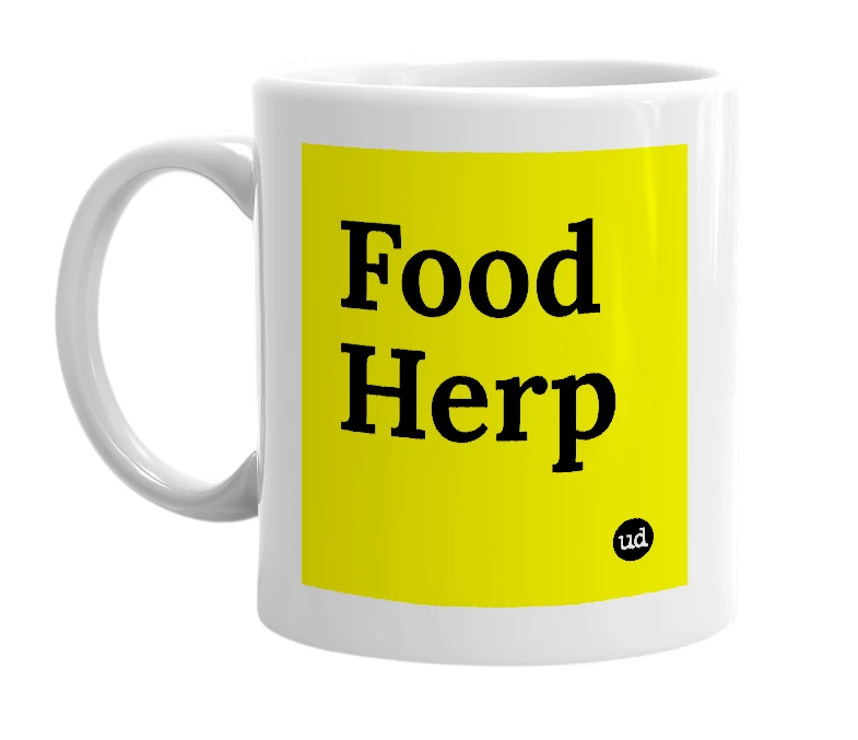 White mug with 'Food Herp' in bold black letters