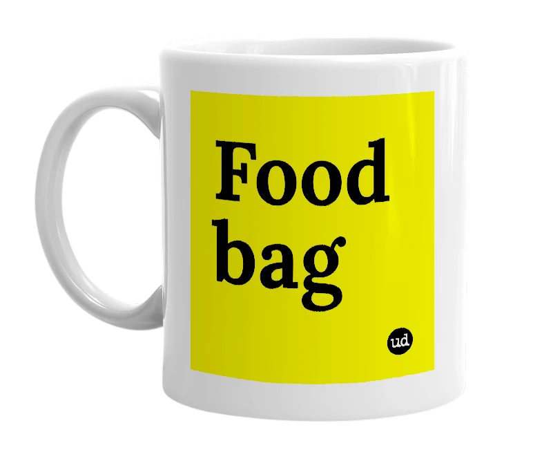White mug with 'Food bag' in bold black letters
