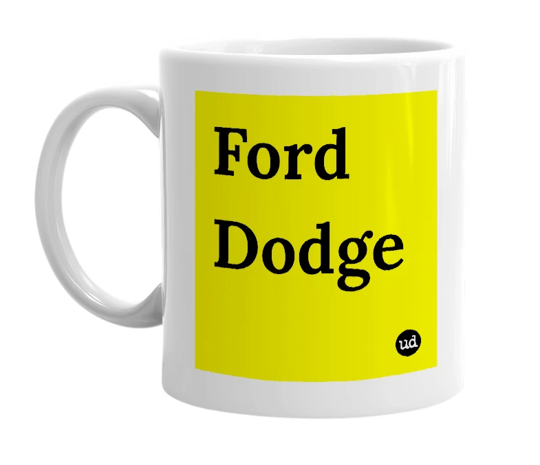 White mug with 'Ford Dodge' in bold black letters