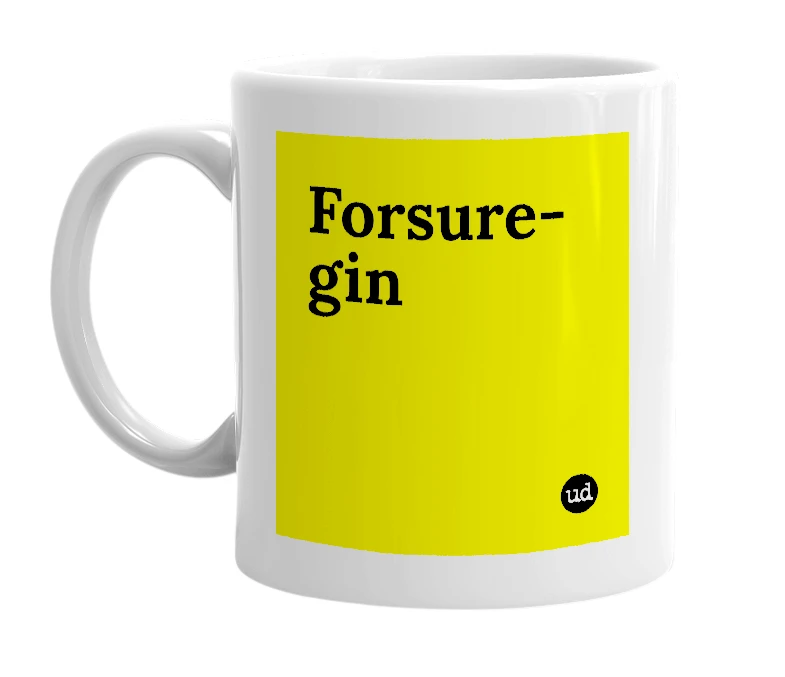 White mug with 'Forsure-gin' in bold black letters