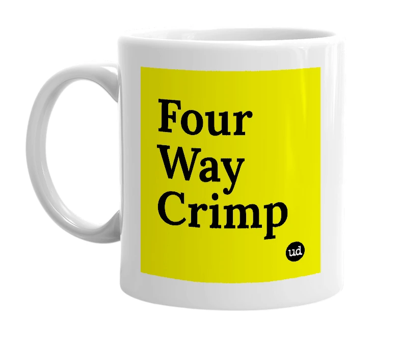 White mug with 'Four Way Crimp' in bold black letters