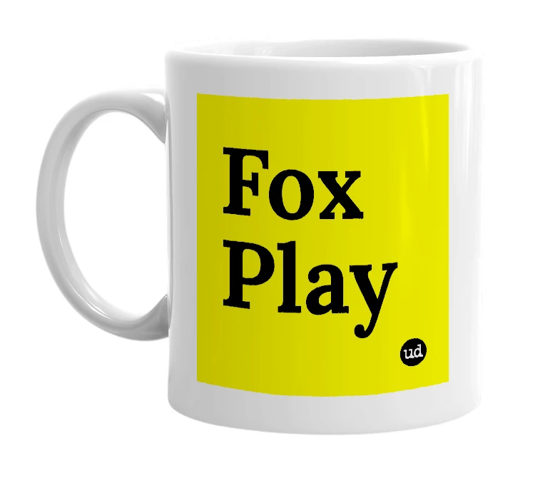 White mug with 'Fox Play' in bold black letters