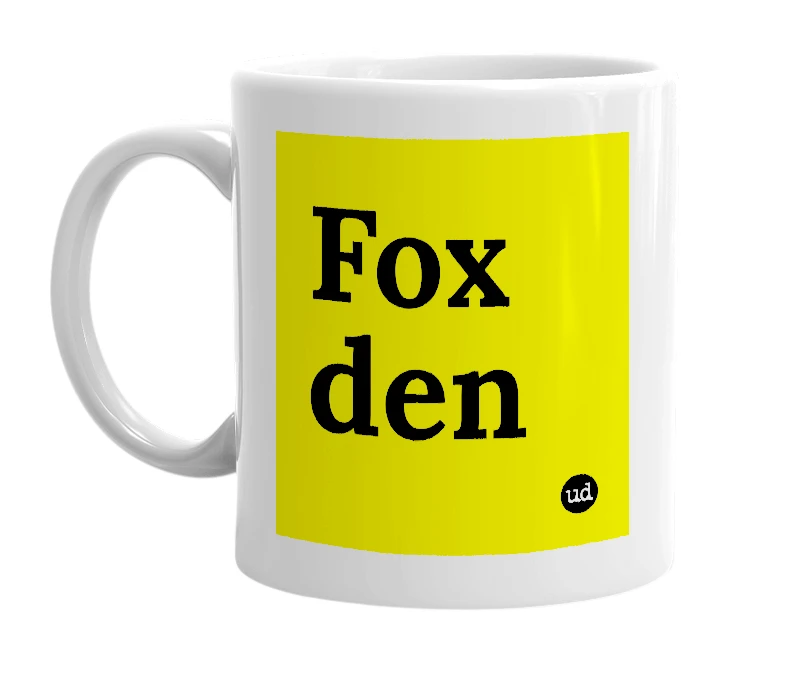 White mug with 'Fox den' in bold black letters