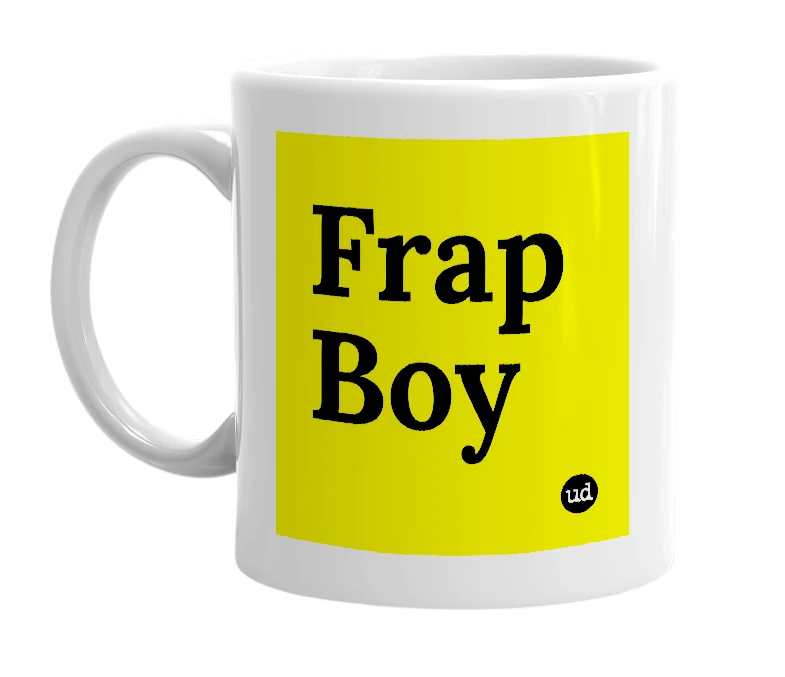 White mug with 'Frap Boy' in bold black letters