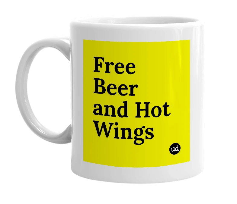 White mug with 'Free Beer and Hot Wings' in bold black letters