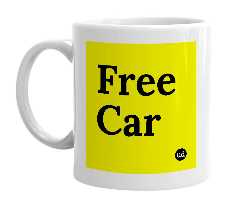 White mug with 'Free Car' in bold black letters