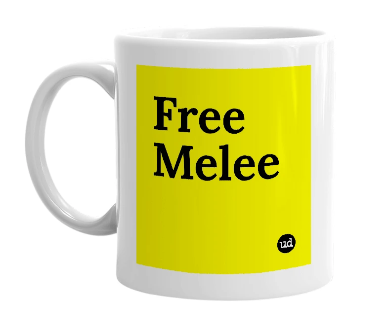 White mug with 'Free Melee' in bold black letters