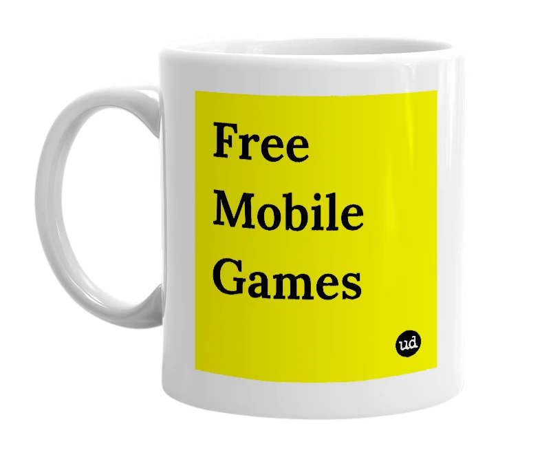 White mug with 'Free Mobile Games' in bold black letters