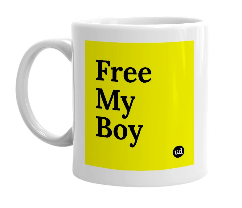 White mug with 'Free My Boy' in bold black letters