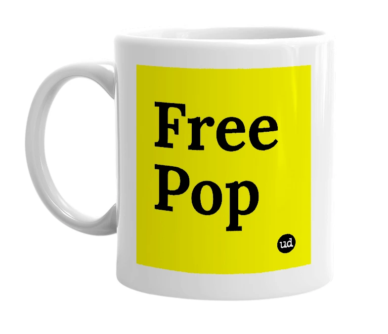 White mug with 'Free Pop' in bold black letters