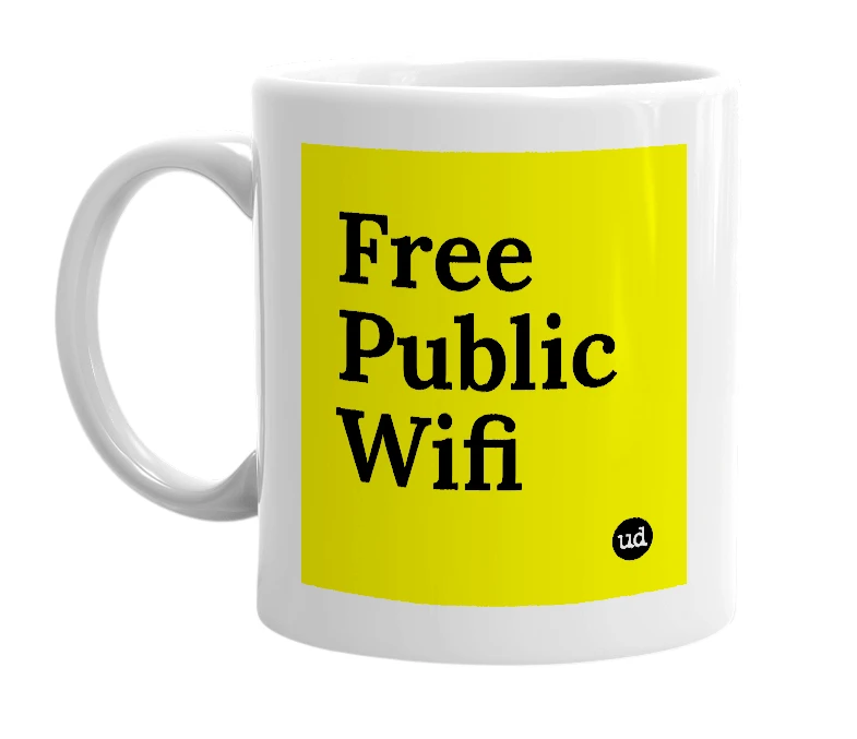 White mug with 'Free Public Wifi' in bold black letters