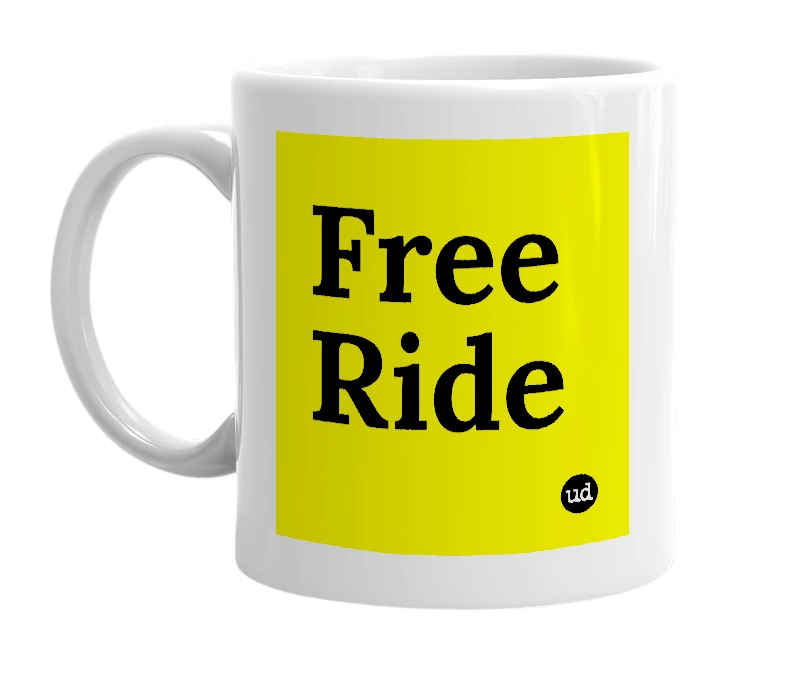 White mug with 'Free Ride' in bold black letters