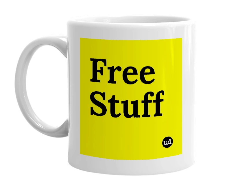 White mug with 'Free Stuff' in bold black letters