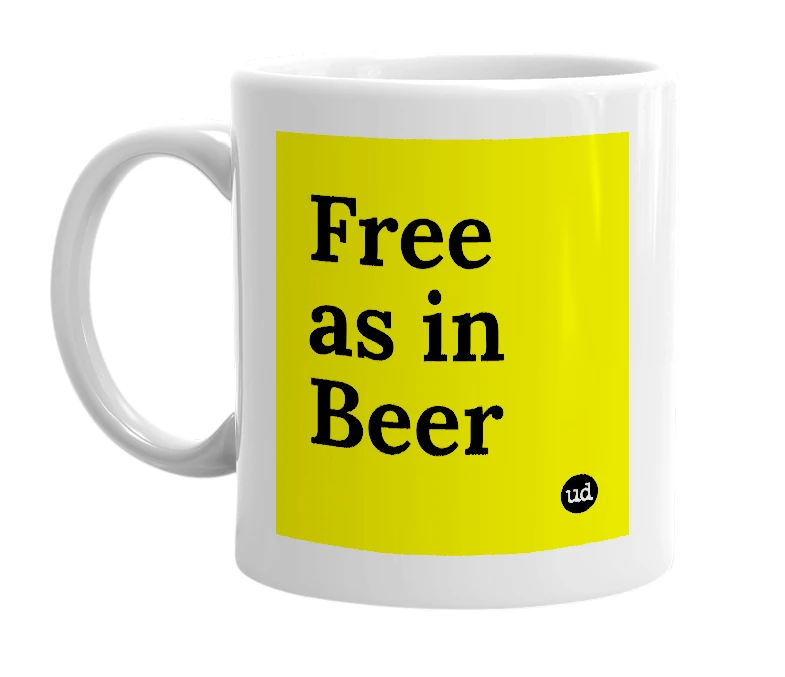 White mug with 'Free as in Beer' in bold black letters