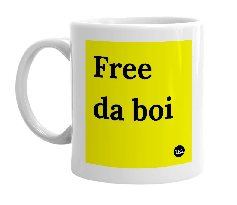 White mug with 'Free da boi' in bold black letters
