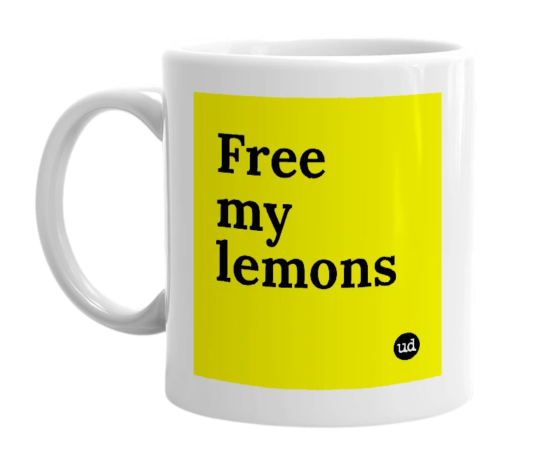 White mug with 'Free my lemons' in bold black letters