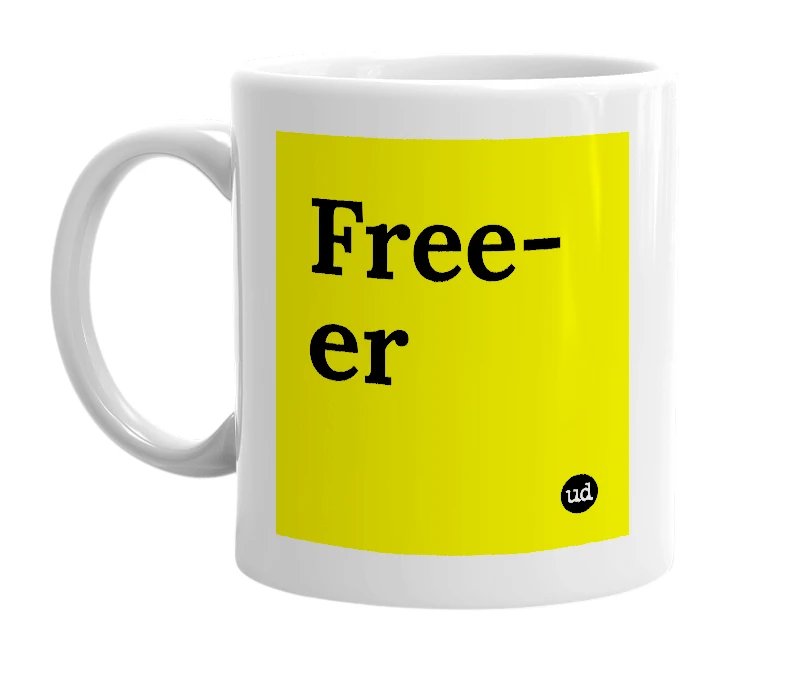 White mug with 'Free-er' in bold black letters