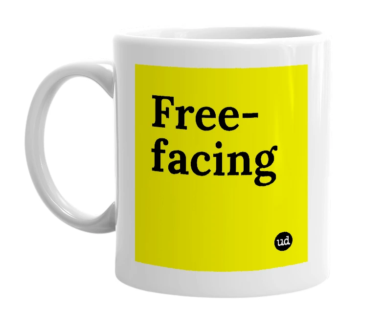 White mug with 'Free-facing' in bold black letters