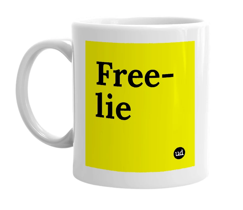White mug with 'Free-lie' in bold black letters